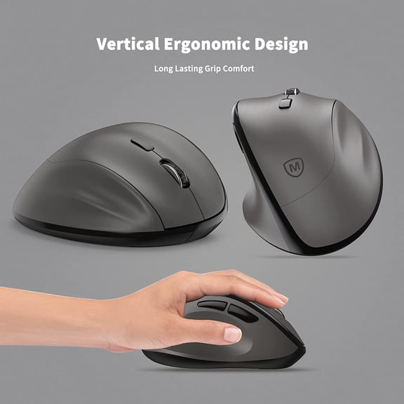 HSAPOW-Ergonomic Wireless Mouse with USB Receiver for PC Computer, Laptop and Desktop, Ergo Vertical Mouse with Silent Clicks Long Battery Life, Up to 1600 DPI & 1 AA Battery Powered, Grey