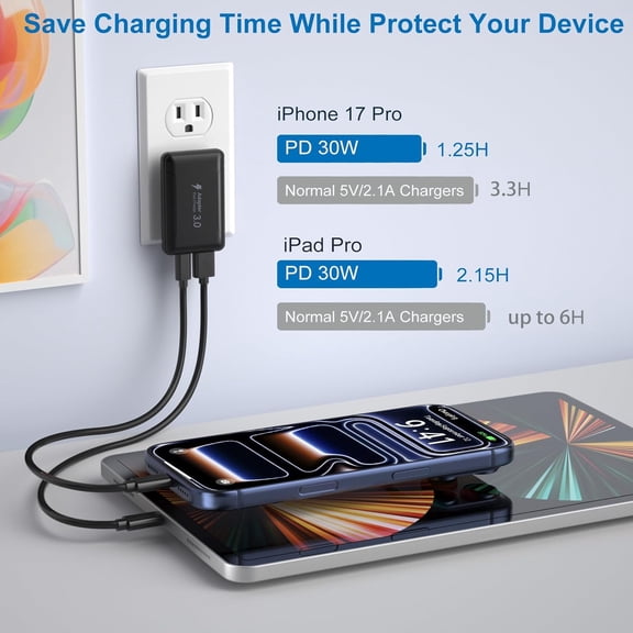 HSAPOW-Flat USB C Wall Charger, 2 Pack 50W Slim USB A and USB C Power Adapter Plug PD+QC 3.0 Fast Charging Block with Foldable Outlet Plug for Galaxy A16 A14 A03S A05,iPhone 16 15(Black)