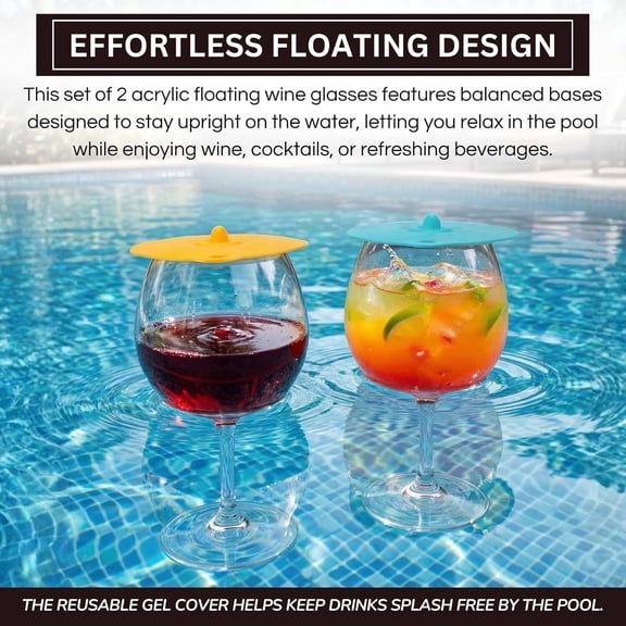 HSAPOW-Floating Wine Glasses for Pool with Lids (Set of 2) 21oz Shatterproof Tritan Plastic BPA-Free Reusable Floating Cup for Hot Tub, Beach, Camping & Summer Parties Large Poolside Glass Outdoor Se