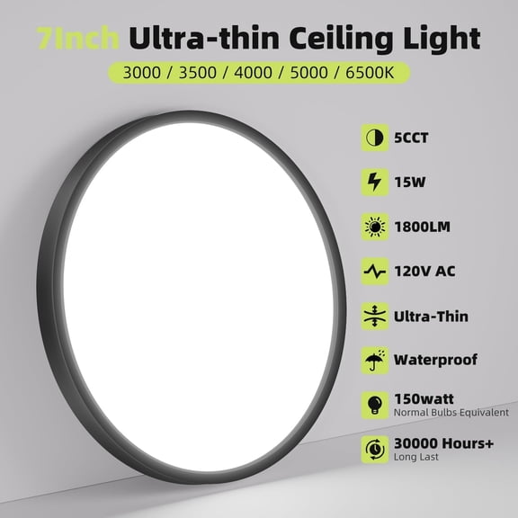 HSAPOW-Flush Mount LED Ceiling Light Fixtures 5 Color Temperatures in One &100W Equivalent Flat Bathroom Ceiling Light,7Inch 15W Thin Round Black Surface Flushmount Fixture for Closet,Bedroom,Kitchen