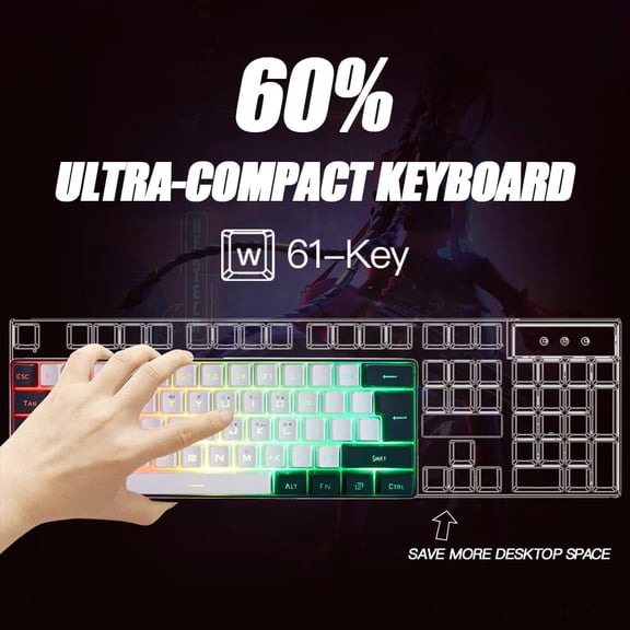 HSAPOW-Gaming Keyboard Minimalist Portable Wired Ultra-Compact Mini Imitation 61 Keys RGB Backlit Keyboard (White-Black)