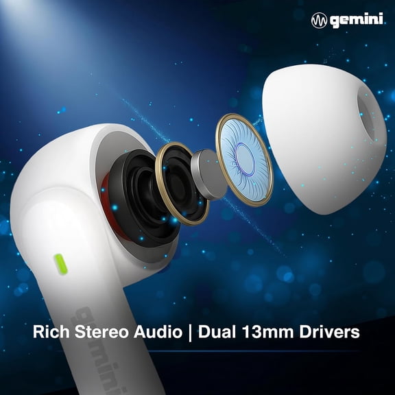 HSAPOW-Gemini True Wireless Earbuds Bluetooth 5.4 13mm Drivers, USB-C, Touch Control, Stemmed Design, Built-in Mic for Calls, Fast Pairing for iPhone Android (GEBX-100)