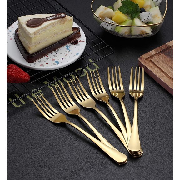 HSAPOW-Gold Dinner Forks - 6 Piece Set, Stainless Steel, 8.17 Inch, Titanium Plated Wedding Silverware