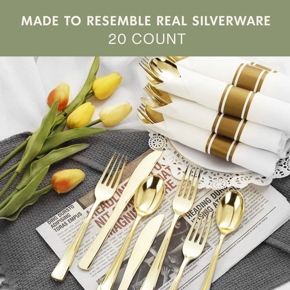 HSAPOW-Gold Plastic Silverware Pre-Rolled Sets; Fork, Spoon, and Knife Rolls, Pack of 20 Pre-Rolled Sets