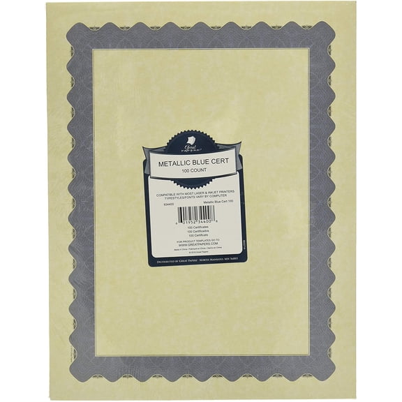 HSAPOW-Great Papers Metallic Blue Border Certificate for Awards, Achievements and Recognition, 8.5x11 Printer Friendly, 100 Sheet Pack (934400)