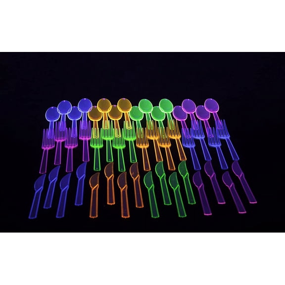 HSAPOW-Hard Plastic Cutlery Combo Pack, 144 Pieces/48 Place Settings, Assorted Neon Brights