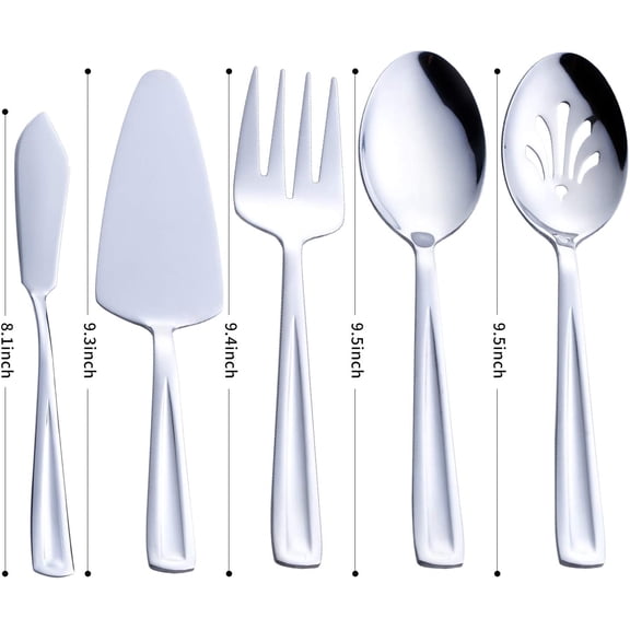 HSAPOW-Hostess Serving Utensil Set, 5-Piece Stainless Steel Flatware Silverware Serving Set, Include Pie Server, Serving Spoon, Slotted Serving Spoon, Serving Fork and Spreader Knife
