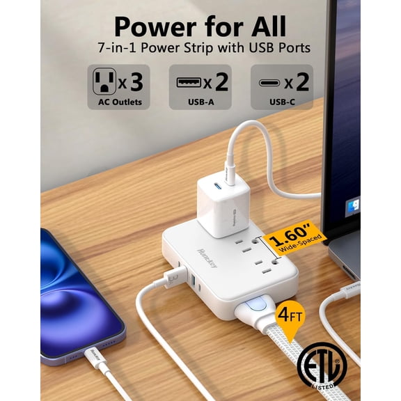 HSAPOW-Innovative Power Strip, Cord Removable Design (4FT), 3 Outlets Non Surge for Cruise, Travel Power Strip with 4 USB Ports (2 USB-C, 2 USB-A), ETL Listed