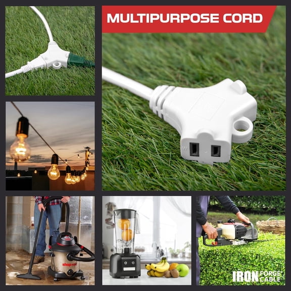 HSAPOW-Iron Forge Cable 2 Prong Outdoor Extension Cord 25 ft with 2 Outlets - 16/2 SJTW, 13 Amp 25ft White Extension Cord with Multiple Outlets