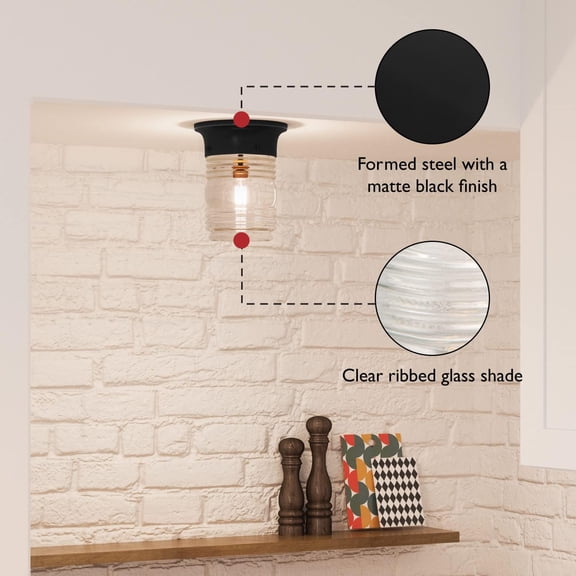 HSAPOW-Jelly Jar Indoor Outdoor Flush Mount Ceiling Light, Matte Black, 5.9 in H x 4.8 in Dia, Damp Rated, Dimmable, Uses 1 E26 Bulb, Ribbed Clear Glass, Weather-Resistant Steel, 587220