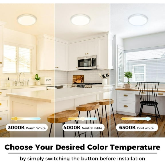 HSAPOW-LED Ceiling Light Fixture 6.5 Inch, 12W 1200lm Light Fixtures, Adjustable 3000K 4000K 6500K, Round Flat Ceiling Lamp for Bathroom Closet Hallway Laundry