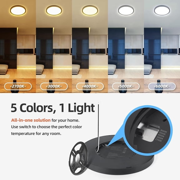 HSAPOW-LED Flush Mount Ceiling Light Fixture, 9inch Dimmable Round Ceiling Light, 24W 1800Lm, 5CCT Selectable Low Profile Slim Flat Panel Lights, ETL & FCC, Black