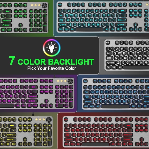 HSAPOW-Large Print Backlit Keyboard with 7-Color Backlit, Wired USB Lighted Computer Keyboards Oversize Letters Keys Easy to See, Illuminated Keyboard for PC, Laptop,Windows Desktop