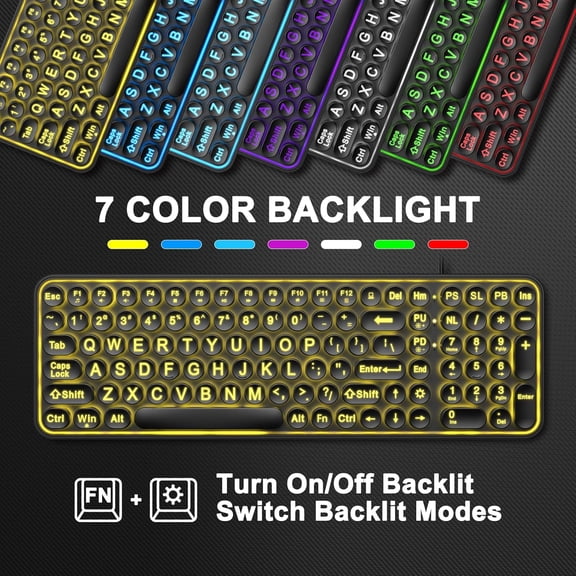 HSAPOW-Large Print Backlit Keyboard,USB Wired Lighted Computer Keyboard with 7-Color Backlit,Oversized Letters,Typewriter Keyboard with Retro Round Key Easy to See for Windows,Desktop,PC,Laptop