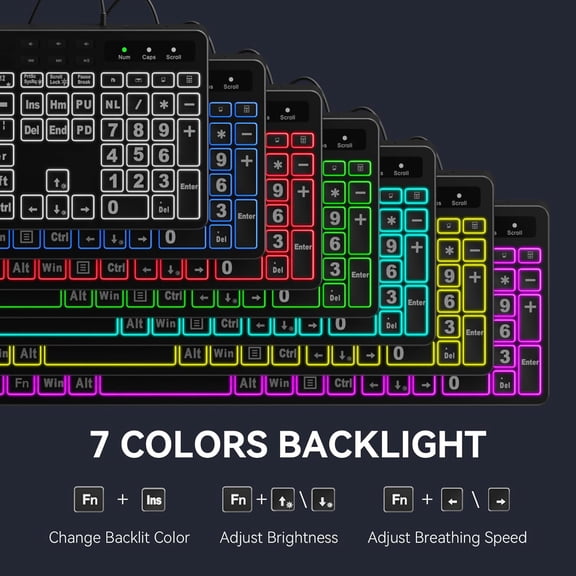 HSAPOW-Large Print Backlit Keyboard, WK712 Wired Computer Keyboards with 7 Colors & 11 Modes Backlight, Tablet Phone Holder and Quiet Light Up Keys, Full-Size Gaming Keyboard for Windows, Mac