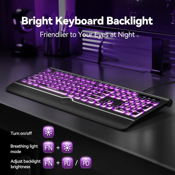 HSAPOW-Large Print Backlit Keyboard, Wired USB-A Computer Keyboard with Wrist Rest, 7-Color Backlit, Oversized Letter Keys Easy to See, Plug-and-Play, Silent, Light Up Keyboard for Windows/PC/Laptop