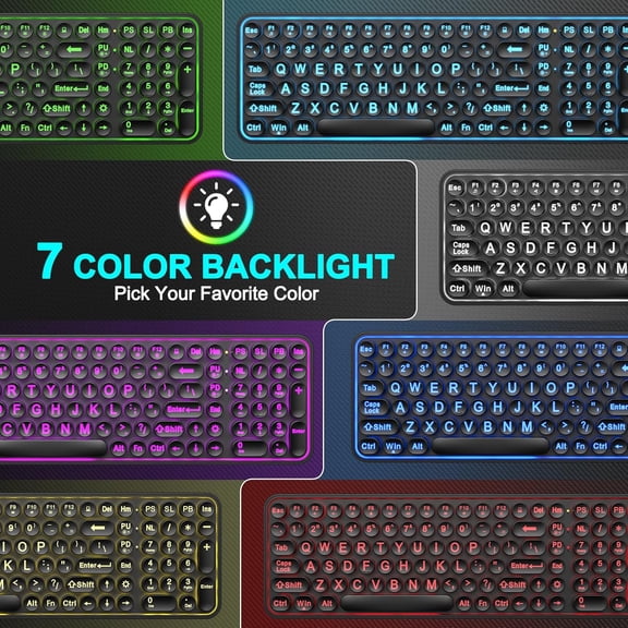 HSAPOW-Large Print Backlit Keyboard, Wired USB Lighted Computer Keyboards with 7-Color Backlit, Oversized Print Letters, Quiet Typewriter Keyboard with Retro Round Keycaps for Windows PC, Laptop