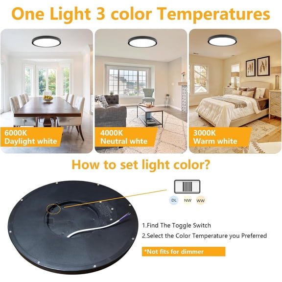 HSAPOW-Led Flush Mount Ceiling Light,9 Inch 18w 1860lm,3000k/4000k/6000k 3CCT Selectable, Round Modern Flat Panel Super Slim Led Ceiling Light,for Living Dining Kitchen Bedroom Room (4Pack-Black)