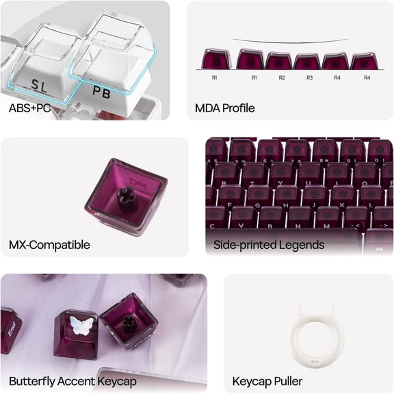 HSAPOW-Lusterfly Jelly Keycaps Set - 123 Keys Double-Shot Laser Engraved, MDA Profile, ABS+PC, Non-Shine-Through, MX-Compatible for 61/68/84/87/98/100/104-Key Mechanical Keyboard (Red)