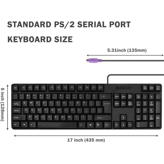 HSAPOW-MCSaite Wired PS2 104 Keys Computer Keyboard with Stands,Black,Waterproof - US Layout Compatible for Windows, PC, Laptop