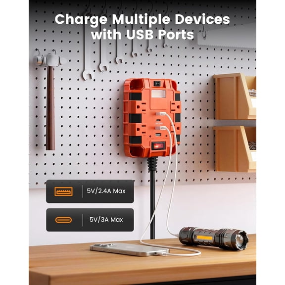 HSAPOW-Magnetic Power Strip with 1080J Surge Protection, 4 AC Outlets, 2 USB-A & 2 USB-C Ports, Heavy-Duty 6 Ft Extension Cord with Dual Magnets & 4 Mounting Holes, ETL Listed