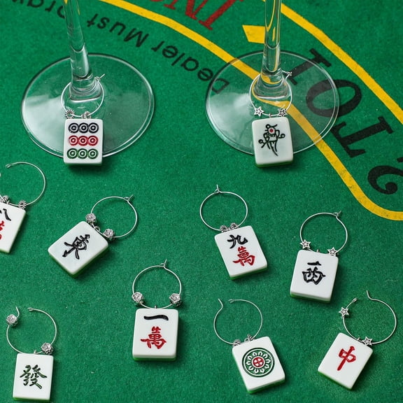 HSAPOW-Mahjong Wine Charms, 1 Inch Wine Glass Tags for Stem Glasses, DIY Mahjong Tiles Resin Pendants Gift, Drink Markers Identifiers for Parties Tastings and Entertaining
