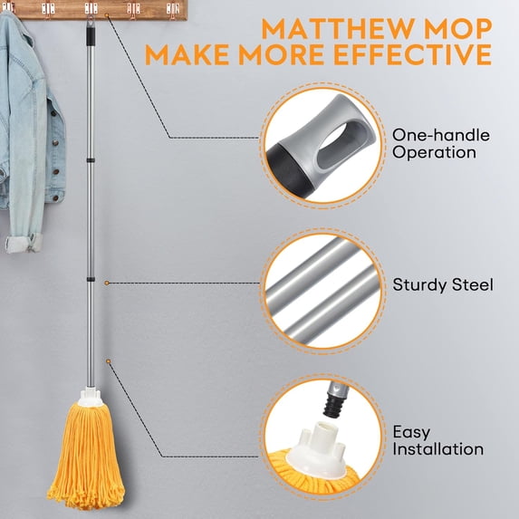 HSAPOW-Matthew Microfiber Mop Replacement Compatible with Microfiber Cloth Mop Refill,Stainless Steel Spin Mop Replacement 54" Handle with Wet Mop for Floor Cleaning (2 Mop Heads w/1 Handle)-Orange