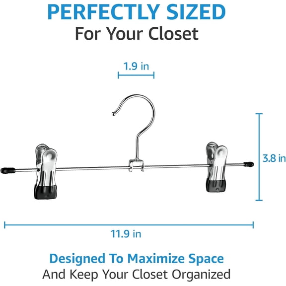 HSAPOW-Metal Pants Hangers with Clips - Pack of 20 Space Saving Skirt Hangers for Women - Chrome, Non-Slip, Adjustable Clips, for Pants, Skirts, Jeans Closet Organization, College Dorm Essentials