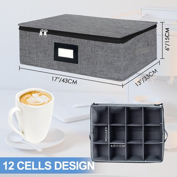 HSAPOW-Mug Coffee Storage Box with Dividers - Stackable Glass China Storage Containers Hard Shell with Lid, Label and Handles, Holds 12 Coffee Mugs and Tea Cups (Dark Grey)
