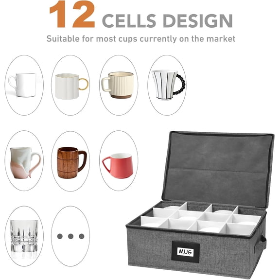 HSAPOW-Mug Storage Box with 12 Compartments, Gray Hard Shell Container, Padded Dividers, Dual Handles, Zipper Lid for Coffee Cup Organization and Moving (1, Coffee Cup Storage Box)