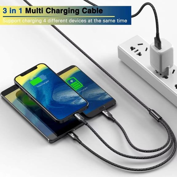 HSAPOW-Multi Charging Cable [2Pack 6ft] 3 in 1 Multiple Fast Charger Cable Nylon Braided Charging Cord Adapter with IP/Type C/Micro USB Ports for Cell Phones 