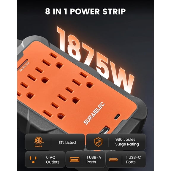 HSAPOW-Multi Plug Wall Outlet Surge Protector Extender with USB-A & USB-C, 6 AC Outlets, Overmolded Rubber Housing, 980J Surge Protection, Heavy Duty for Workshop, Garage, ETL Listed