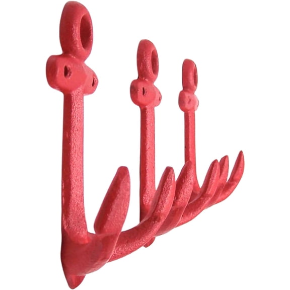 HSAPOW-Nautical Cast Iron Ship Anchor Wall Hooks, 6 Inches, Set of 3 (Red)