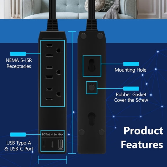 HSAPOW-Outlet Extender with 3 Receptacles, USB-A & 2 USB-C Ports, Ultra-Thin Flat-Plug with Cord Extender, 3-Outlet Power Strip, Slim Angled Design, 5ft Cord, 1250W, ETL Listed, Matte Black