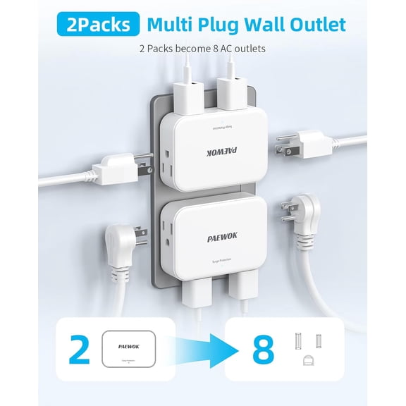 HSAPOW-Outlet Extender with 360 Rotating Plug, 4 AC Multi Plug Wall Outlets Splitter, Small Flat Wall Plug Adapter Power Strip for Home Apartment Dorm Travel Essentials, 2 Pack (8AC)