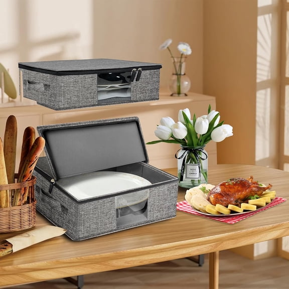 HSAPOW-Platter Storage Case - Plate Storage Containers with PVC Windows,16.5x12.6x5.5'', Stackable China Storage Containers Hard Shell,4 Felt Dividers Included for Dish,Plate, Dinnerware and Tr