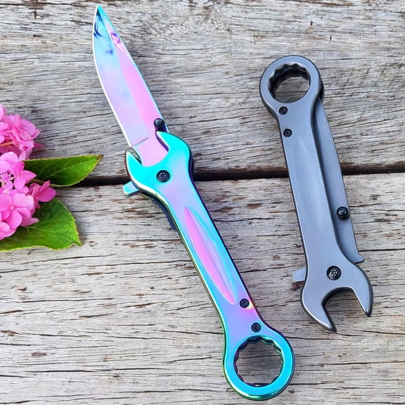 HSAPOW-Pocket Knife, Unique Utility Pocket Folding Knife with 14mm and 19mm wrenchs, Titanium plated Great Gift EDC Knife For Daily Work Outdoor Camping (Grey)