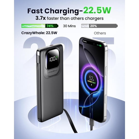 HSAPOW-Portable Charger with Built-in Cables,22.5W Super Fast Charging Power Bank Slim Phone Charger,10000mAh Travel Battery Pack Battery Bank with Smart LED Display for iPhone, Android & USB-C