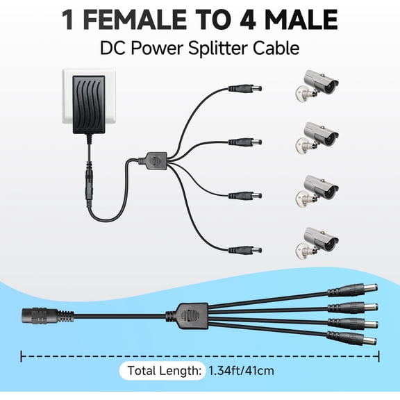 HSAPOW-Power Adapter AC 100-240V to DC 12V 2A (2000mA) & 4-Way Power Splitter Cable for CCTV Security Cameras/DVR/NVR/LED Strip Lights/Routers and More, UL/FCC/CE Certificated (6ft)