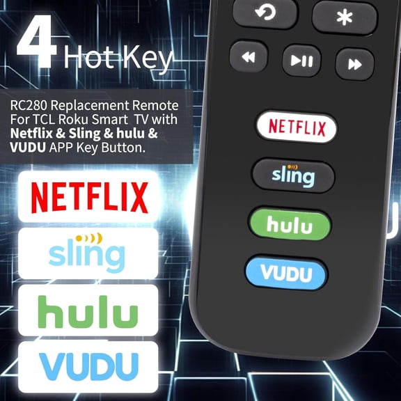 HSAPOW-RC280 Replacement Remote with Netflix Sling Hulu Vudu Key Compatible with TCL 32S301 43S403