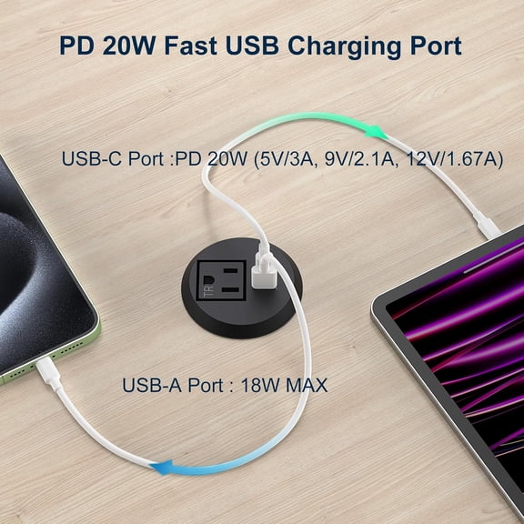 HSAPOW-Recessed Power Grommet 2 inch,Tamper-Resistant Design AC Outlets, Fast Charging Station USB-C Port,Desk Hole Grommet Recessed Outlet,Round Desktop Conference Room Power Grommet Outlet.(Black)