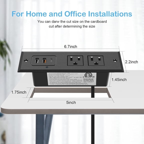 HSAPOW-Recessed Power Strip with 20W USB C Port, Fast Charging USB A Port Desk Outlet, Furniture Hidden Charging Station for Side Table, End Table, with 6FT 45 Degree Flat Plug Extension Cord, Black
