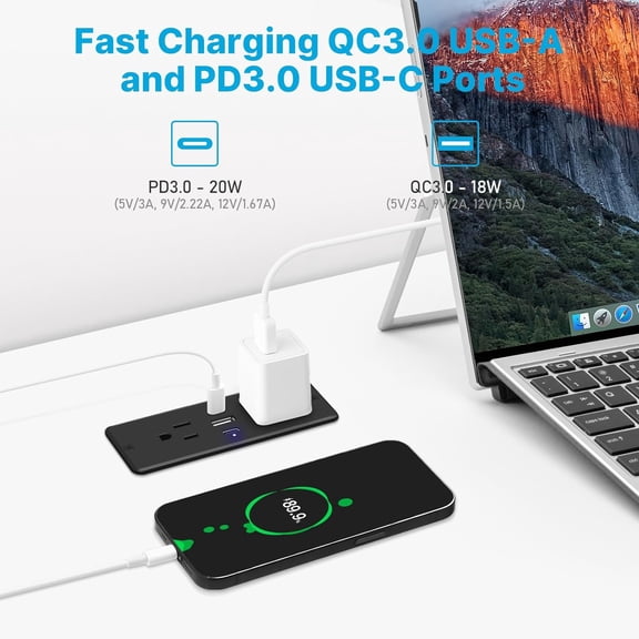 HSAPOW-Recessed Power Strip with Outlet and USB C Ports, Furniture Flush Mount Power Strip, Small Desk Hidden Outlet for Conference Table, Nightstand, Black, 6FT.