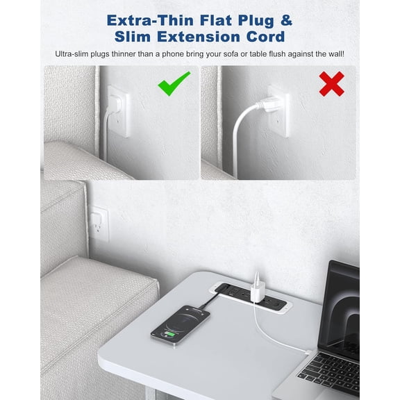 HSAPOW-Recessed Power Strip with Retractable USB C Cable,2 PD 20W USB C,Flush Mount Countertop Drawer Outlet, Furniture Hidden Outlet for Side Table,End Table,3 Outlets (Black and White, 6FT-20W)