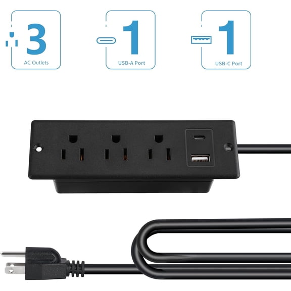 HSAPOW-Recessed Power Strip with USB-C and USB-A, 2/3 AC Outlets, in-Desk Flush Mount Power Strip, 125V 12A 1500W, for Desk Countertop Kitchen Island