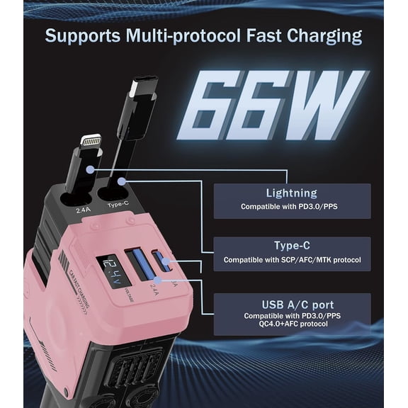 HSAPOW-Retractable Car Charger, 4 in 1 Retractable Phone Charger with 66W Fast Charging, 2 Retractable Cables and 2 USB-C USB-A Por, Cute Girly Car Accessories for iPhone 17/16/15/14/13/12, Samsung,