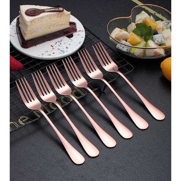 HSAPOW-Rose Gold Dinner Fork 6 Pieces, Stainless Steel 8.17 Inch Forks Rose Gold Titanium Plating Silverware, Copper Forks Set of 6