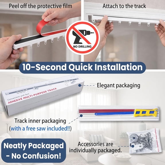 HSAPOW-Self Adhesive Ceiling Curtain Track Ceiling Mount, Track for Curtains (15FT,4.56M, White) for Smooth Wall - No Drill, Screws, Adhesive Curtain Rod (Non-Flexible)