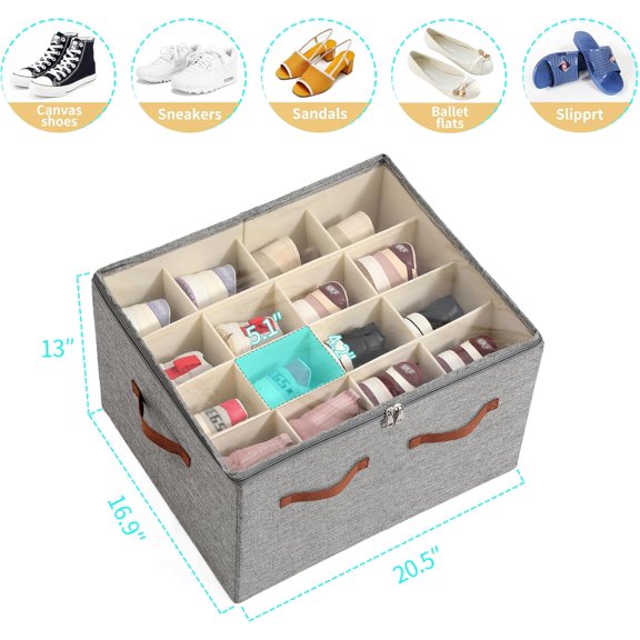HSAPOW-Shoe Organizer for Closet, Foldable Large Shoe Storage Bins with Clear Cover, Removable Partitions and Bottom are Supported by Plastic Boards (Grey, 20.5Lx16.9 Wx13'H)
