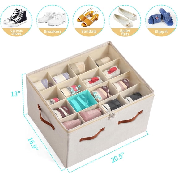 HSAPOW-Shoe Organizer for Closet, Foldable Large Shoe Storage Box with Clear Cover, Removable Partitions and Bottom are Supported by Plastic Boards (Beige, 20.5Lx16.9 Wx13'H)